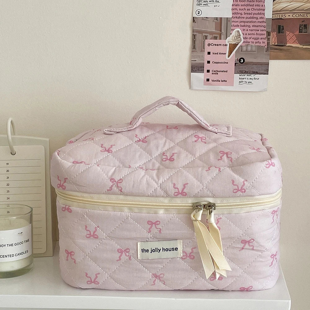Necessaire Feminina com Laço Rosa – Bolsa de Maquiagem Acolchoada com Zíper | Organizador de Viagem Portátil - Serena Store