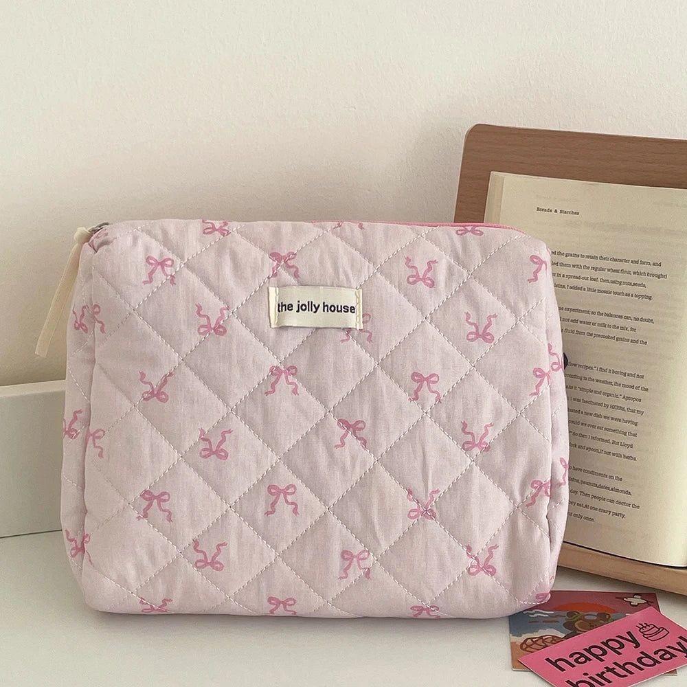 Necessaire Feminina com Laço Rosa – Bolsa de Maquiagem Acolchoada com Zíper | Organizador de Viagem Portátil - Serena Store