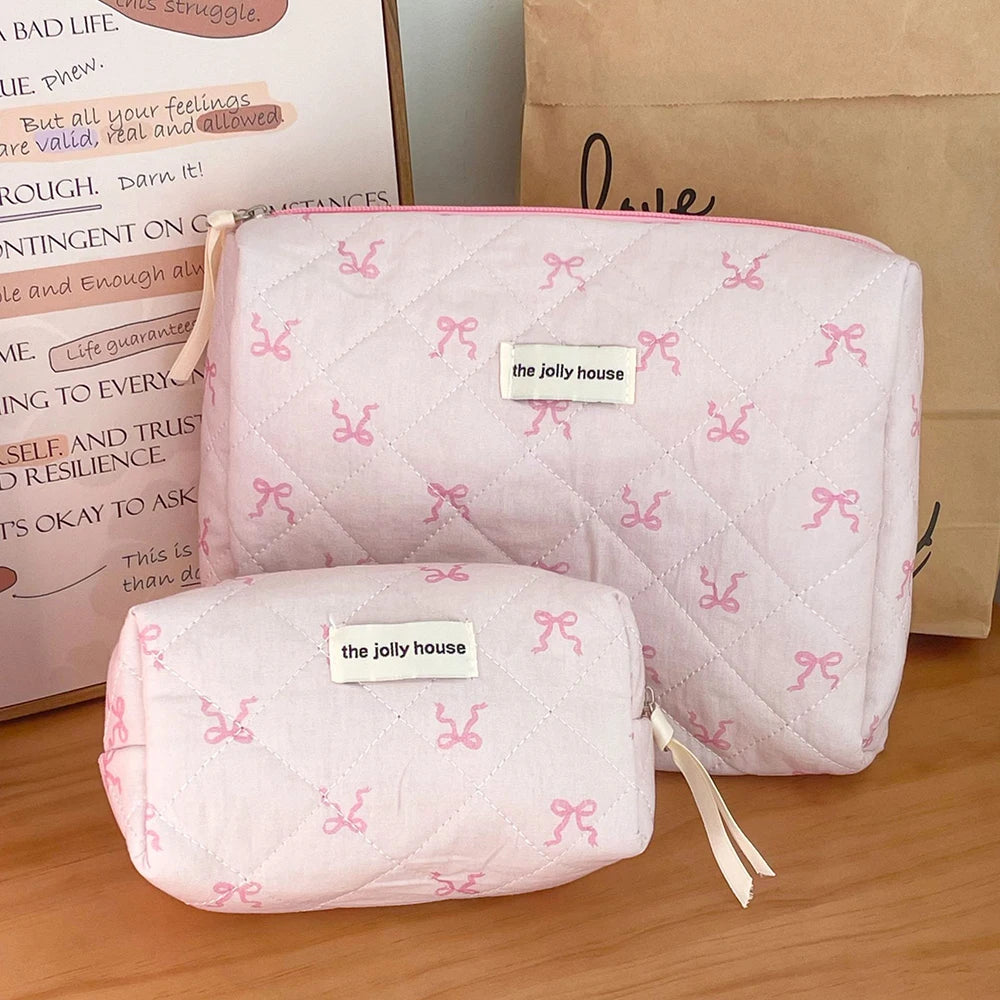 Necessaire Feminina com Laço Rosa – Bolsa de Maquiagem Acolchoada com Zíper | Organizador de Viagem Portátil - Serena Store